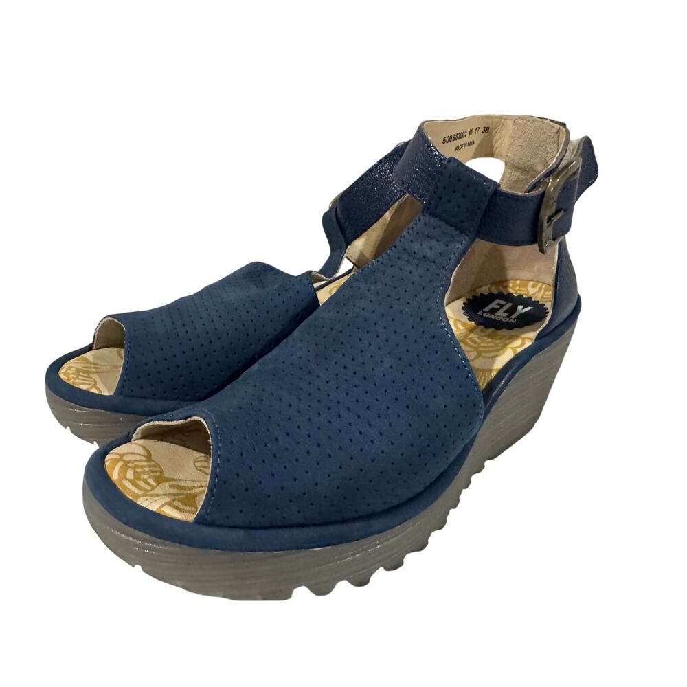 Fly London Navy Blue Leather Yall Wedge Sandals Sz 38
